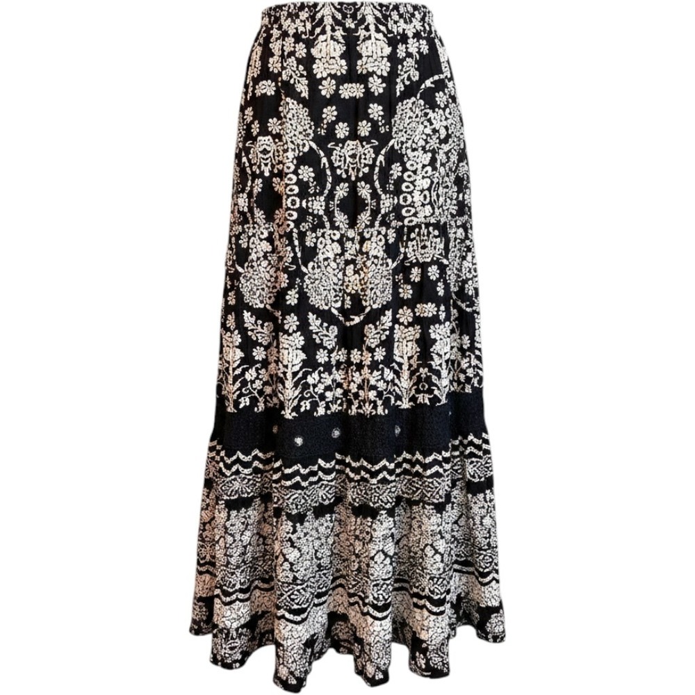 Boho Floral Crochet Rhinestone Forbidden Maxi Skirt S Black White